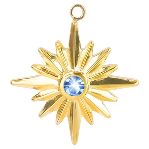 Detailed view of a gold starburst pendant featuring a vibrant blue gemstone center