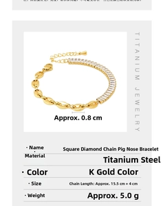 Detail of titanium steel bracelet with square zircon and coffee bean link chain