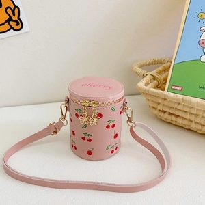 Pink cylinder cherry print bucket bag for girls with golden zipper and flower charms