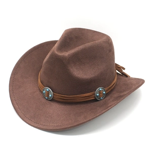 Classic brown suede western cowboy hat with vintage turquoise beads and wide brim detail
