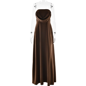 Elegant dark brown cowl neck satin maxi dress with a strapless slim fit design