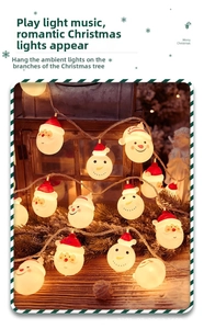 Detail of warm white LED Christmas string lights with Santa and Snowman toppers