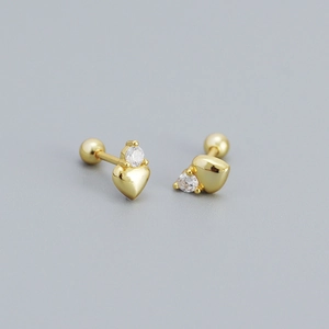 Detail of gold heart stud earrings with cubic zirconia and secure screw back closure