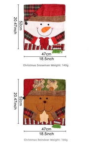 Detailed dimensions of Christmas chair covers featuring festive snowman and elk designs