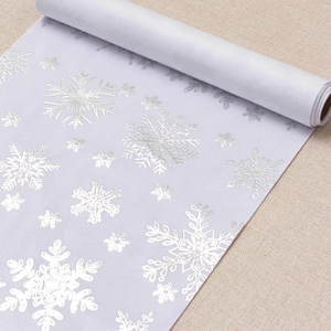 Detail view of purple velvet Christmas table runner with silver snowflake foil printing