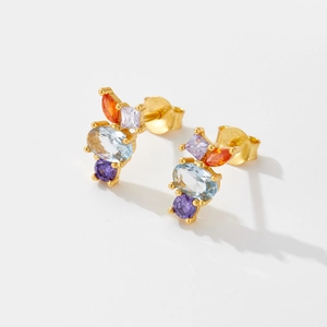S925 sterling silver gold plated earrings with colorful geometric zircon stones