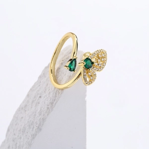 18K gold plated butterfly open ring with green stones and micro-set zircon accents