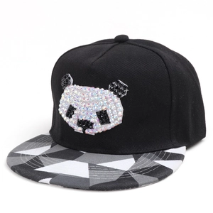 Hip hop black flat brim hat with rhinestone panda face and camo print peak for men and women