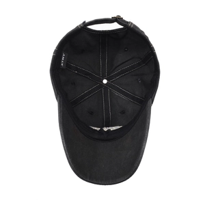 Vintage black cotton baseball cap showing internal structure and metal strap buckle