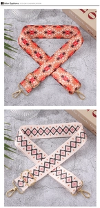 Detail of bohemian geometric patterned wide straps with adjustable gold metal hardware