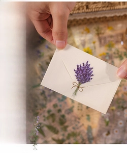 Close-up of vintage PET lavender stickers on cream envelope with English prose