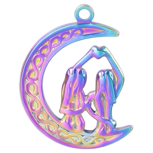 Rainbow stainless steel moon pendant necklace featuring Celtic knot and sister figures