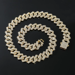 Hip hop gold Cuban link chain necklace with sparkling full rhinestone box clasp design
