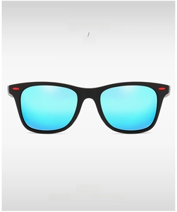 Front view of black Wayfarer sunglasses with blue polarized lenses and red detail