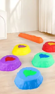 Detail of colorful balance stones with non-slip leaf texture for sensory training
