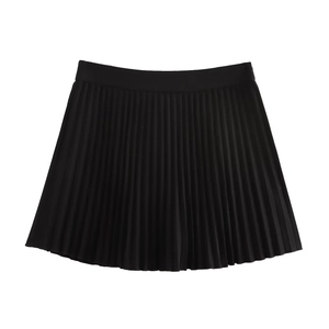 Detail view showing professional flat lay of black pleated mini skirt with fine texture