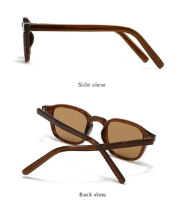Vista detallada de la montura de gafas de sol de acetato marrón con lentes marrones a juego
