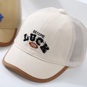 Toddler breathable mesh baseball cap with luck embroidery in beige and brown colors