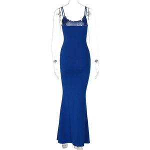 Rear view of sleek blue bodycon maxi dress with a slim fit and elegant mermaid hemline