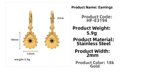 Detailed view of 18k gold plated stainless steel teardrop earrings with size measurements