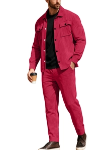 Detail of burgundy faux suede workwear set showing textured jacket and matching trousers