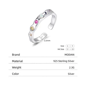 Irregular 925 sterling silver open ring with colorful stones and liquid geometric design