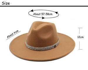 Camel wool felt fedora with M logo and diamond band showing 57-58cm size dimensions