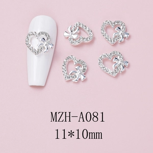 Close-up of heart-shaped nail art charms with bowknot design, size 11x10mm, MZH-A081