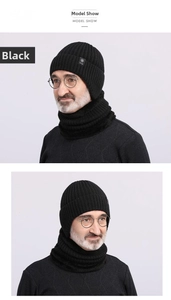 Front and side view of men's winter knit beanie hat and neck warmer set in black