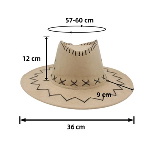 Detailed size map of beige faux suede cowboy hat showing 57-60cm brim and 12cm height