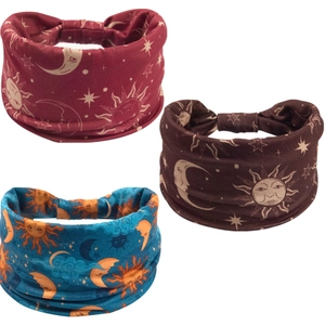 Three-piece set of celestial printed elastic headbands in burgundy, brown, and blue colors
