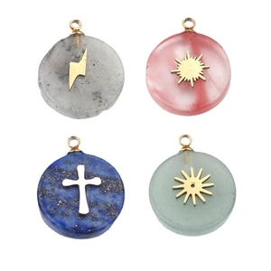 Set of four stainless steel natural stone pendants with engraved sun and cross symbols