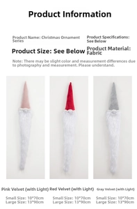 Size chart showing dimensions and colors of LED plush Christmas gnome hanging ornaments