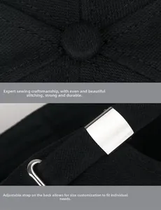 Macro detail of black baseball cap showing durable stitching and adjustable metal buckle