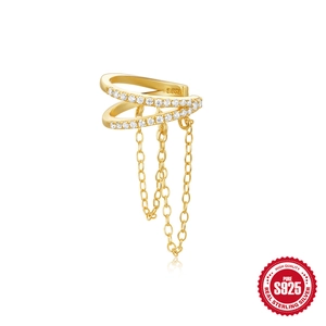 S925 sterling silver tassel ear cuff in gold finish with double chain and pavé zircons