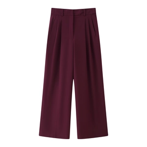 Women's stylish wine red high-waisted wide-leg trousers with elegant pleat detail