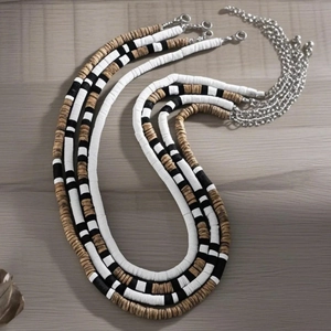 Men's 4-piece bohemian necklace set with brown and white clay coconut shell beads