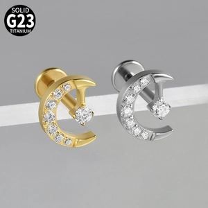 G23 solid titanium moon labret studs with zircon stones in gold and silver finishes