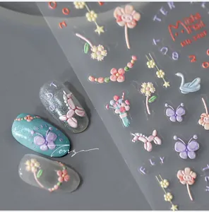Detail showing 3D embossed nail stickers with colorful floral and balloon dog patterns