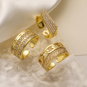 Luxury Copper Gold Plated Rhinestone Geometric Open Rings For Women Adjustable Irregular Inlaid Commuter Fashion Jewelry