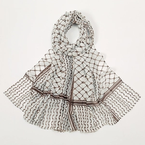 Elegant white chiffon hijab scarf featuring brown geometric print and bordered patterns