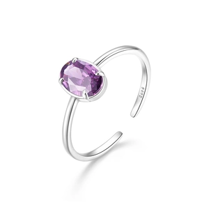 Detail of S925 sterling silver ring featuring a purple zircon stone and adjustable band