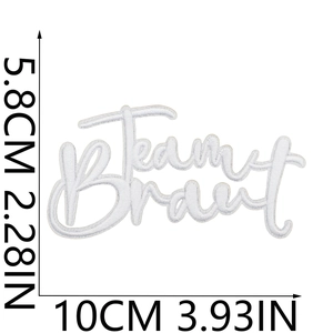 White Team Bride heart embroidery patch with size dimensions 10cm x 5.8cm for weddings