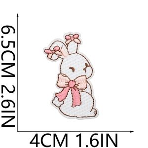 Detail view of cute pink rabbit embroidery patch with size dimensions 6.5cm by 4cm