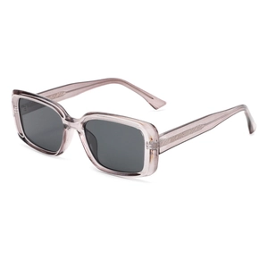 Square transparent purple sunglasses with grey lenses in a 45-degree angle view