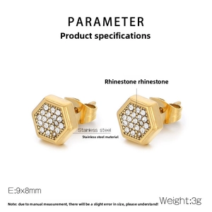 Detailed view of gold hexagon stainless steel earrings with sparkling rhinestones
