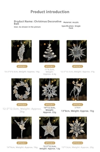 Detail showing acrylic Christmas ornaments including snowflakes and reindeer with gold glitter