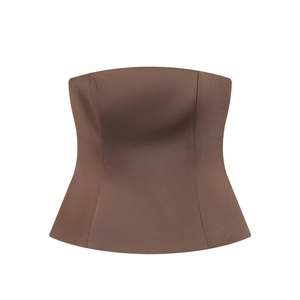 Three-piece brown outfit featuring a back-slit blazer, tube top, and high-waisted pants