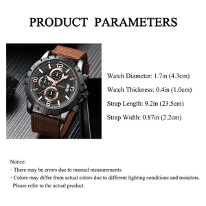 Detailed size chart for men's quartz watch with brown nylon strap and black case