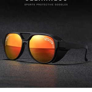 Polarized cycling sunglasses with orange gradient mirror lenses and windproof black frame